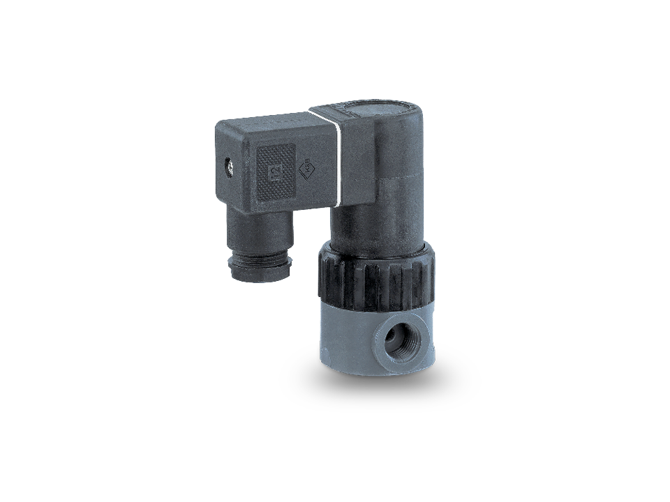 Electrically operated solenoid valve with plug connection and threaded connection made of plastic – for precise control of liquids in industrial systems.