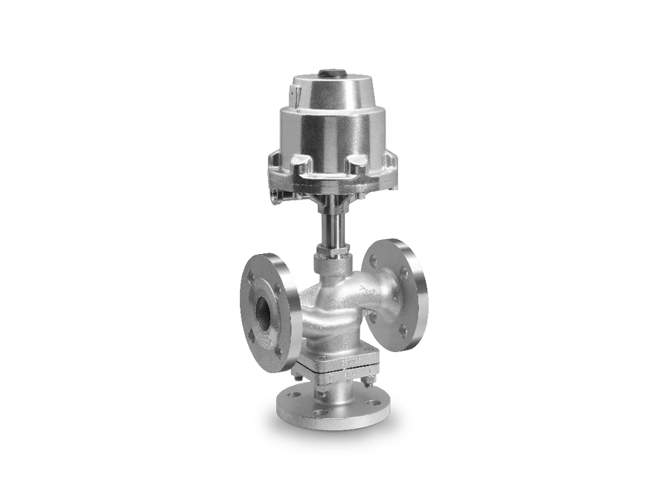 GEMÜ Edelstahl-Sitzventil mit Flanschanschlüssen und pneumatischem Antrieb für anspruchsvolle industrielle Anwendungen in der Fluidtechnik.
