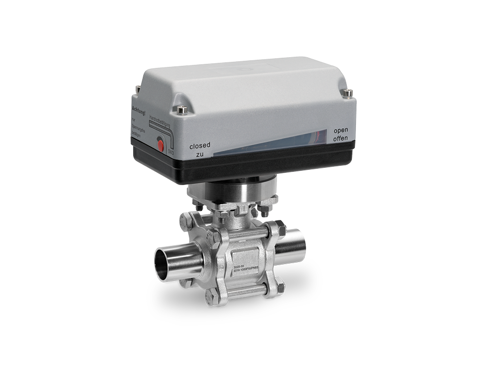 Electrically operated stainless steel ball valve with welded ends and status indicator – ideal for the chemical, pharmaceutical, and food industries.