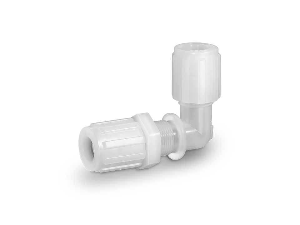 Angle hose fitting made of white plastic with two union nuts for 90-degree connection of hoses in confined spaces.