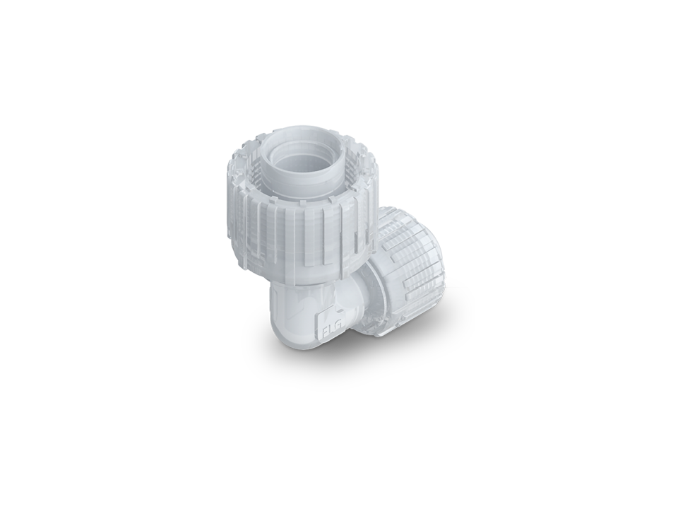 Compact Nexus Connect SpaceSaver fitting made of PFA for tight installation spaces in high-purity installations.