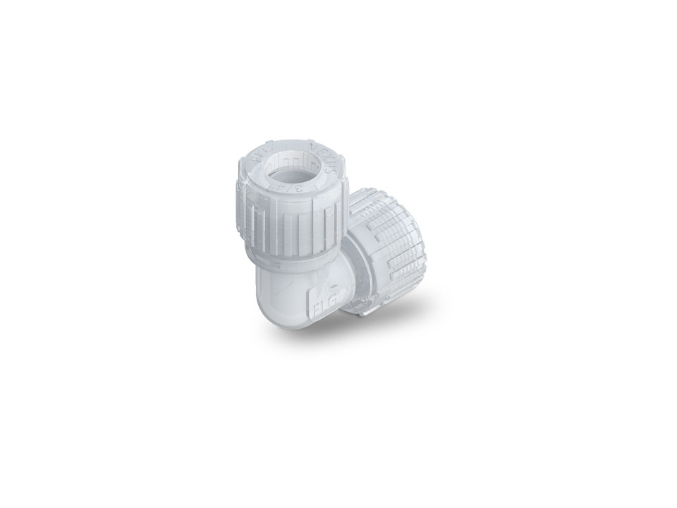 90-degree angle connector made of PFA with Nexus Connect SpaceSaver connection for high-purity and leak-free pipe connections in compact installation spaces.