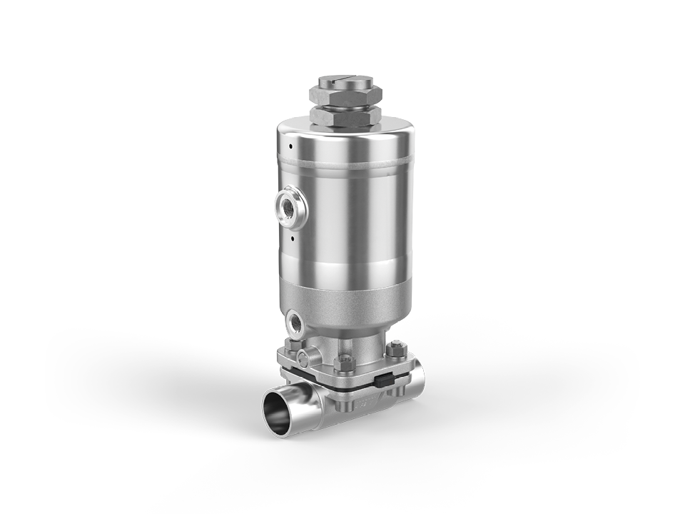 Pneumatically operated stainless steel diaphragm valve with welded ends – ideal for the pharmaceutical, biotechnology, and food industries.