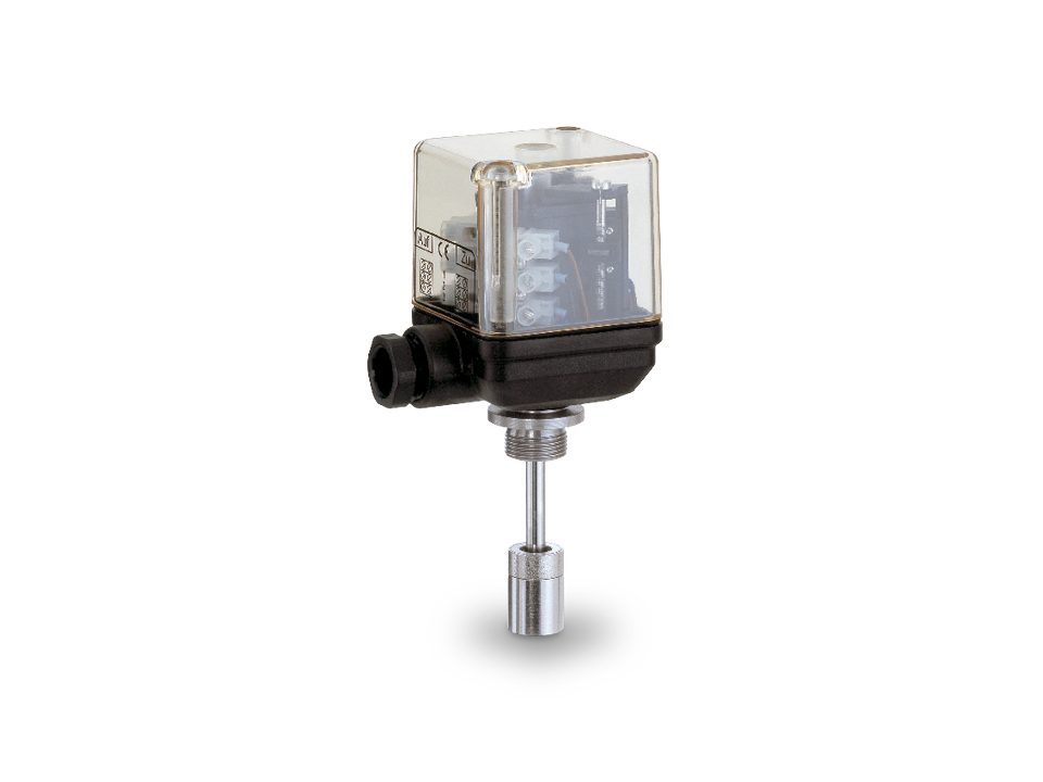 Position indicator with transparent cover, side cable connection, and guided actuating rod for precise valve monitoring in industrial applications.