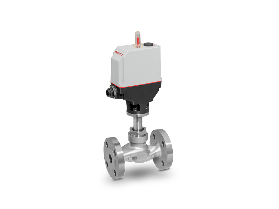 GEMÜ globe valve with electric actuator and stainless steel body, equipped with flange connections and position indicator – ideal for precise control applications in industrial processes.,GEMÜ globe valve with electric actuator and stainless steel bo