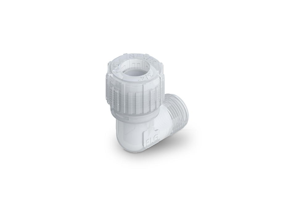 Nexus Connect angle fitting made of PFA for secure 90-degree pipe connections in cleanroom applications.,Nexus Connect angle fitting made of PFA for secure 90-degree pipe connections in cleanroom applications.,Nexus Connect angle fitting made of PFA for s