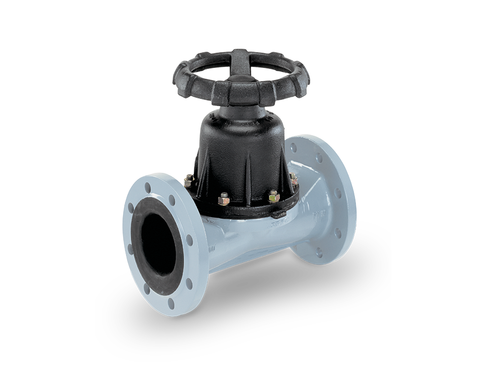 Manual diaphragm valve with flange connections and black handwheel – ideal for water treatment, the chemical industry, and process engineering.