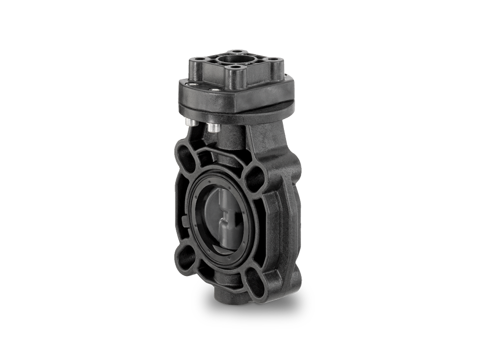 Plastic butterfly valve with standard shaft connection and flange connection – ideal for water treatment, chemical, and industrial applications.