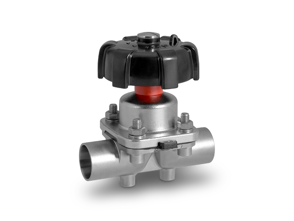 Manual stainless steel diaphragm valve with welded ends and plastic handwheel – ideal for the pharmaceutical, biotechnology, and food industries.