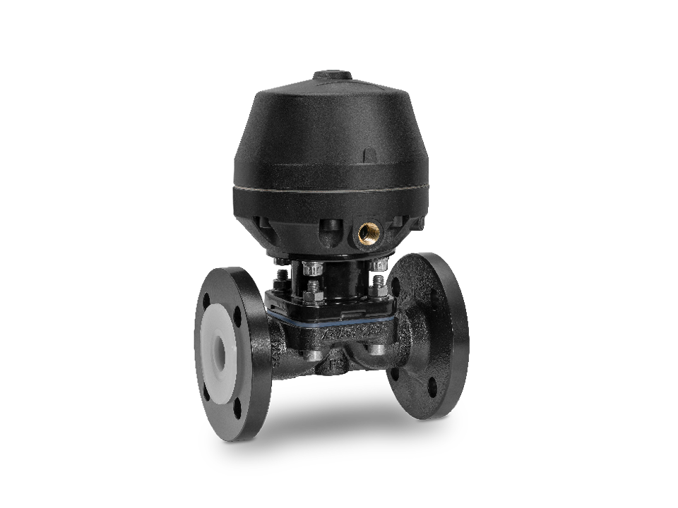 Pneumatisch betriebenes Membranventil mit Flanschverbindung und Kunststoff-Antriebsgehäuse – ideal für chemische Industrie, Wasseraufbereitung und Verfahrenstechnik.