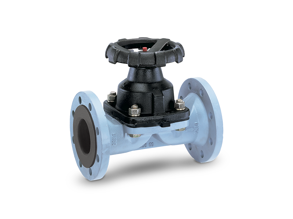 Manual diaphragm valve with flange connections, PTFE lining, and plastic housing – ideal for the chemical industry, water treatment, and process engineering.