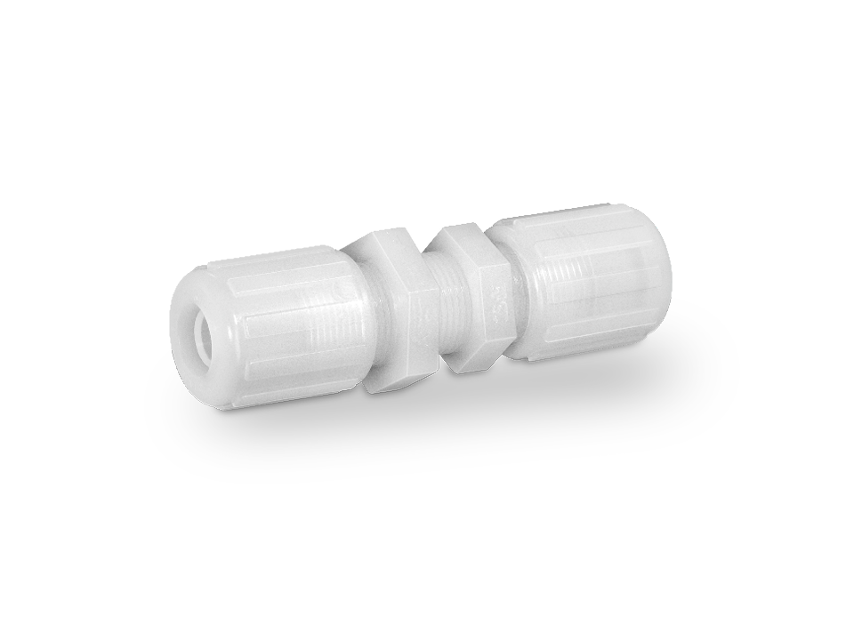 Straight PFA connection fitting with two clamp screw connections and hex nut for pure and chemically resistant applications.
