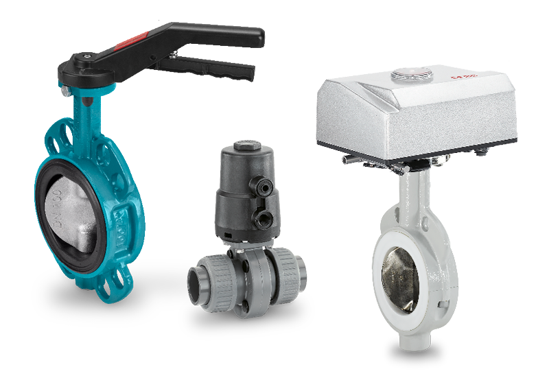 Various GEMÜ butterfly valves, manual and automated.
