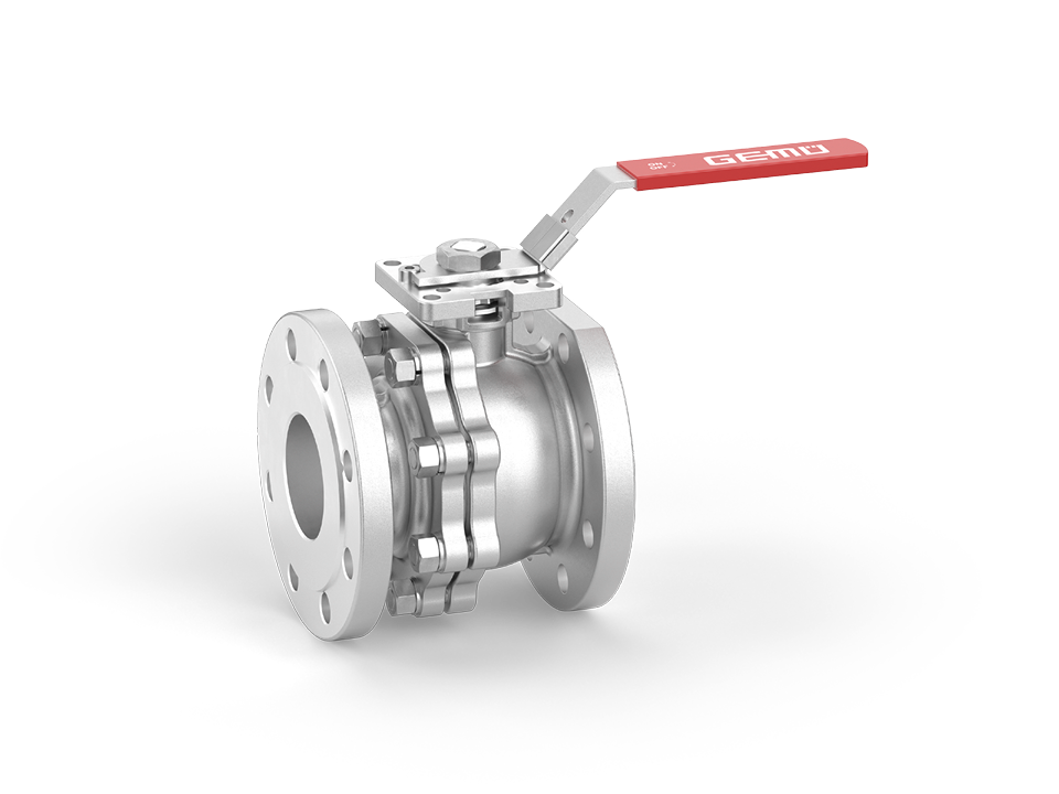 Manual ball valve made of stainless steel with flange connection and red hand lever – ideal for the chemical, pharmaceutical, and food industries.