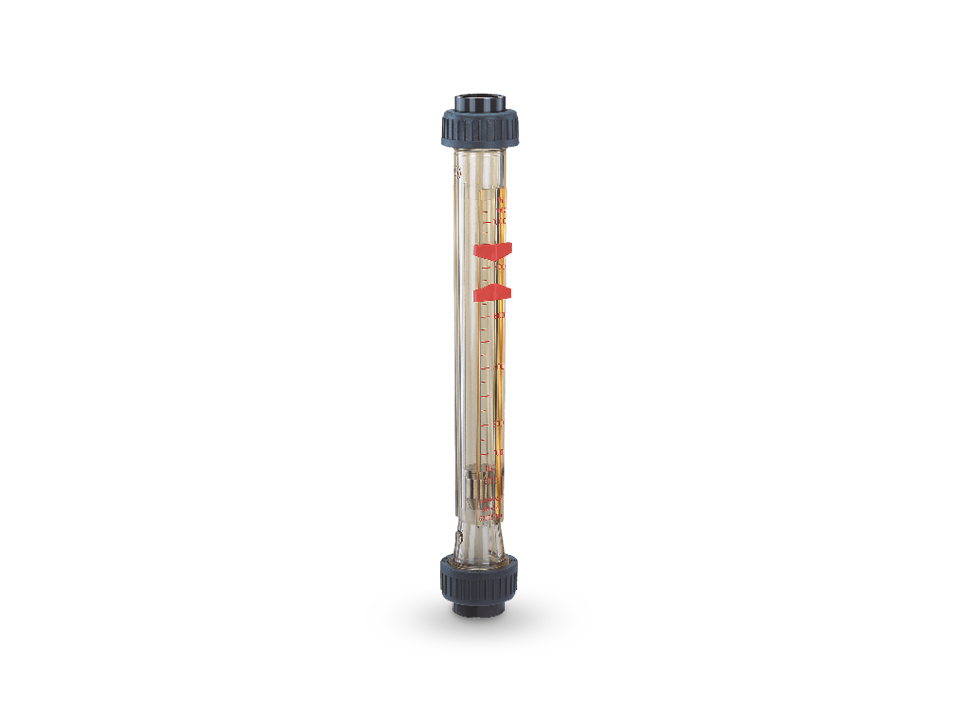 Plastic flow meter with transparent scale and red markings for precise flow measurement in pipes, suitable for industrial applications.