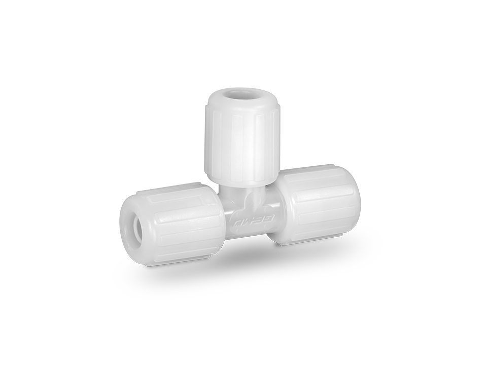 Compact T-piece fitting made of white plastic with three union nuts for secure branching of hoses or pipes in industrial applications.