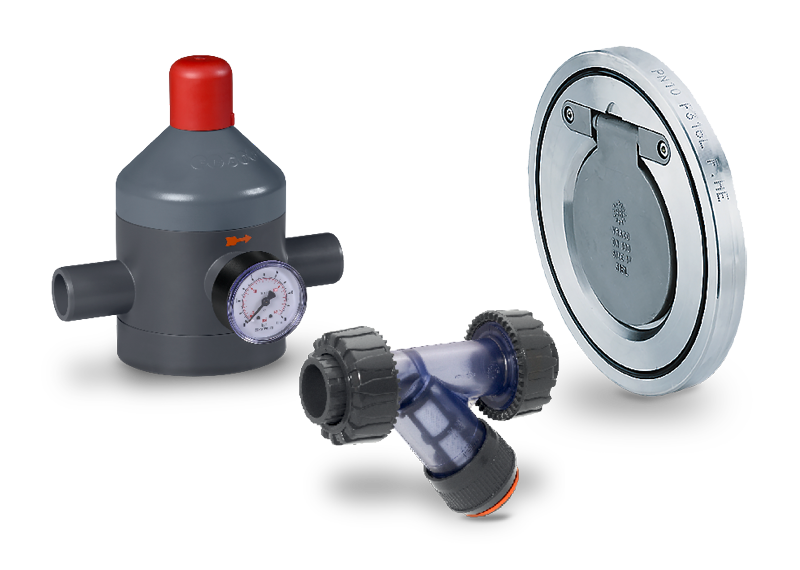 Three GEMÜ products: pressure control valve, check valve, and strainer.