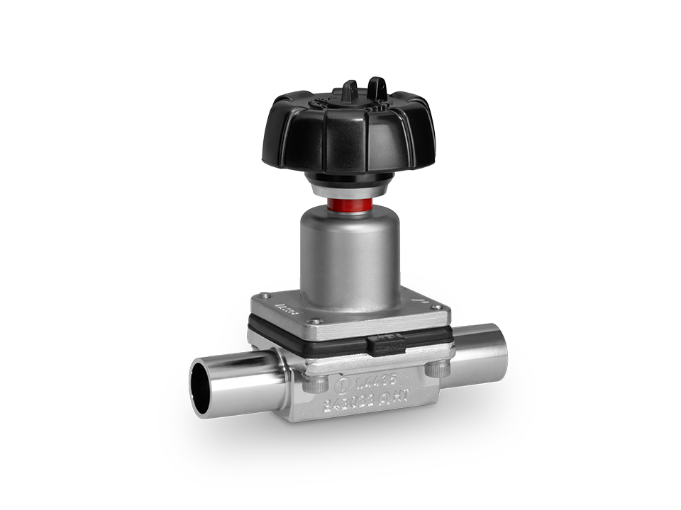 Manual stainless steel diaphragm valve with welded ends and plastic handwheel – ideal for the pharmaceutical, biotechnology, and food industries.
