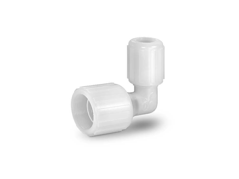 Raccord coudé en plastique blanc avec filetage intérieur et écrou-raccord pour raccords à 90 degrés dans les systèmes industriels de tuyauterie et de flexibles.