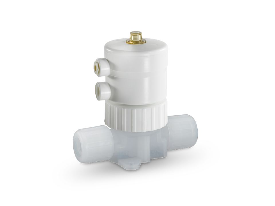 Pneumatic diaphragm valve made of high-purity plastic with clamp connections – ideal for the semiconductor industry, chemical process engineering, and water treatment.
