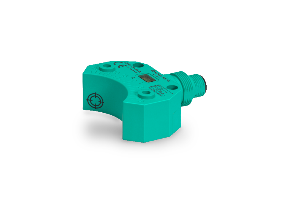 Curved proximity sensor with green plastic housing, LED status indicator, and threaded connection for valve position monitoring in industrial applications.