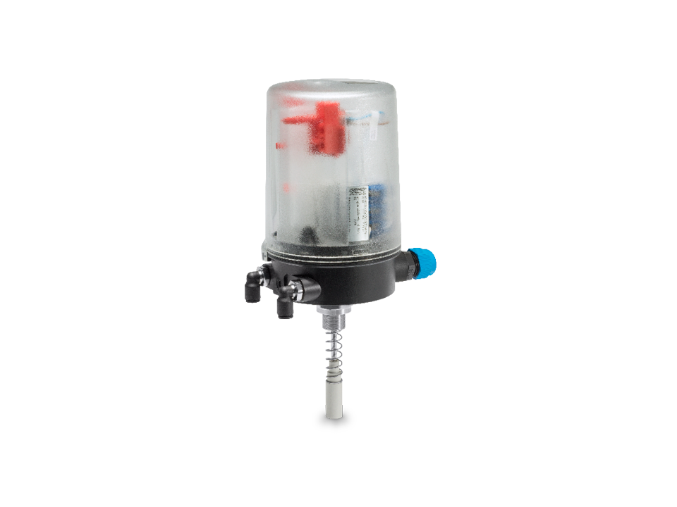 Compact valve connection with translucent cover, pneumatic connections, and actuating rod for valve automation in industrial applications.