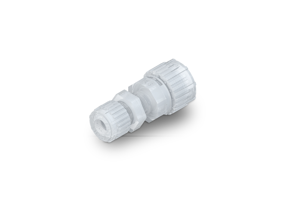 Nexus Connect 90-degree angle fitting made of PFA with two screw connections for high-purity pipe connections.,Nexus Connect 90-degree angle fitting made of PFA with two screw connections for high-purity pipe connections.,Nexus Connect 90-degree angle fit