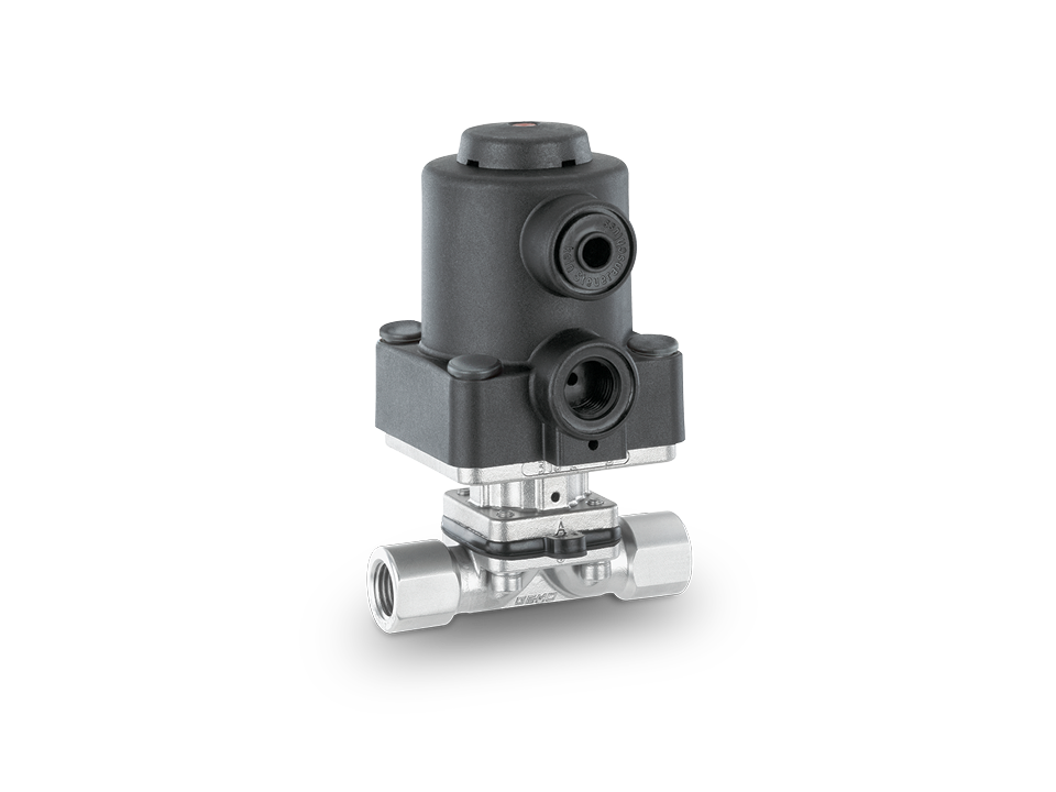 Pneumatically operated diaphragm valve made of stainless steel with female thread connections – ideal for the pharmaceutical, biotechnology, and food industries.