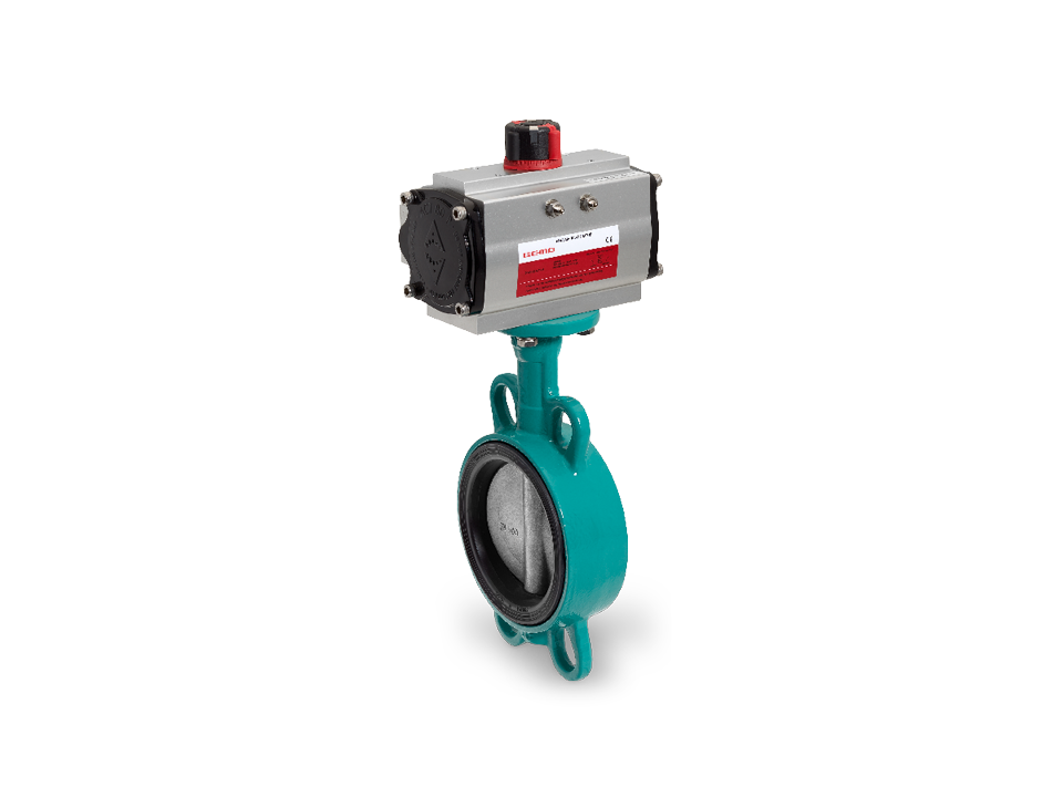 Pneumatically controlled butterfly valve with stainless steel disc, elastic seal and flange connection – ideal for water treatment, chemical and process engineering.
