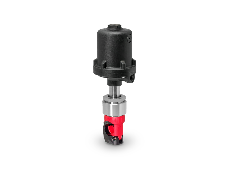 Pneumatic pinch valve with stainless steel housing, position indicator, and red pinch element for sterile industrial applications.