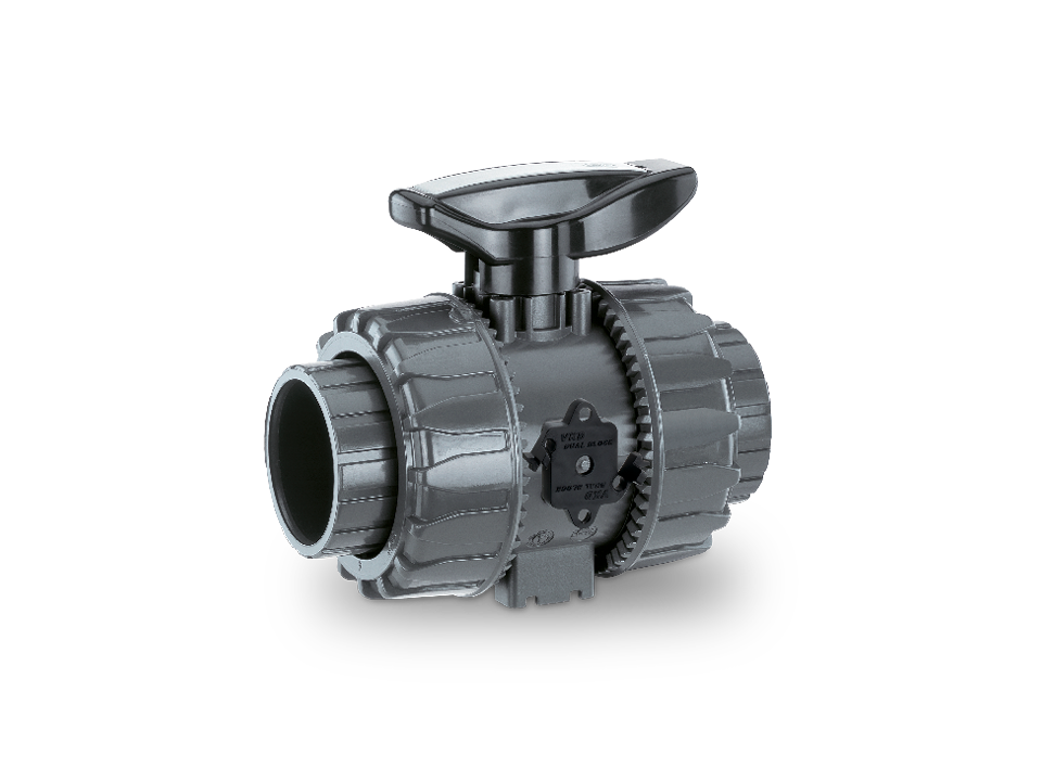 Manual ball valve made of plastic with rack and pinion mechanism and union nuts – ideal for water treatment, chemical and process engineering.