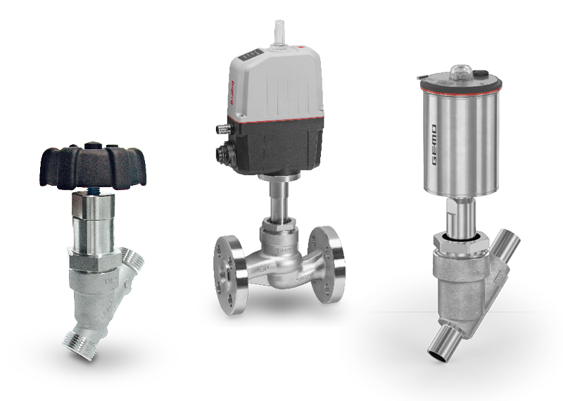 Three GEMÜ globe valves in manual and automatic versions.