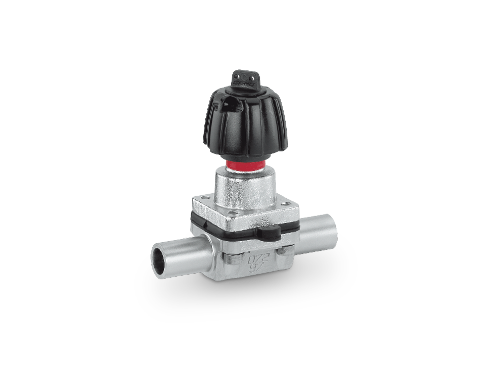 Vanne à membrane manuelle avec raccords en acier inoxydable et volant noir – idéale pour l'industrie pharmaceutique, biotechnologique et alimentaire.