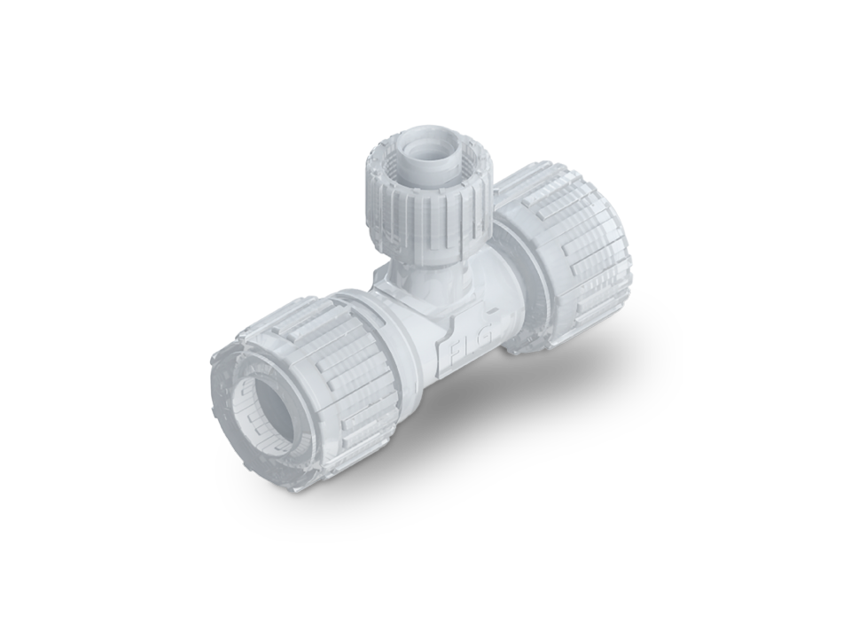 Nexus Connect SpaceSaver angle fitting made of PFA for confined spaces in cleanroom environments.
