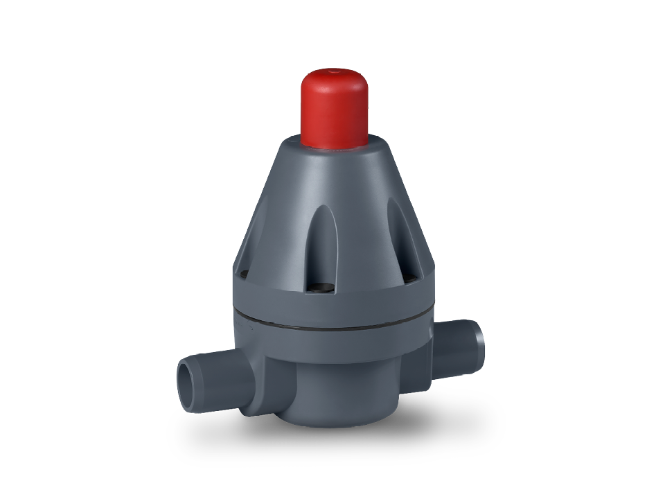 Válvula de controle de pressão de plástico compacta com regulador vermelho para controle preciso da pressão em aplicações industriais.