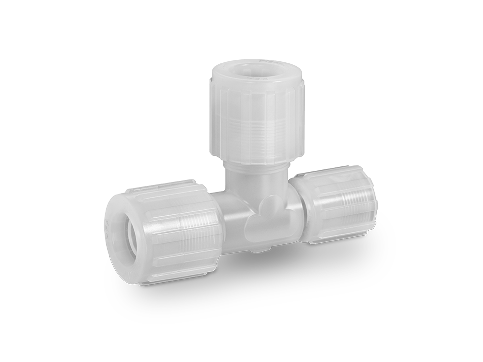T-piece fitting made of PFA plastic with three connections and union nuts for reliable pipe branches.