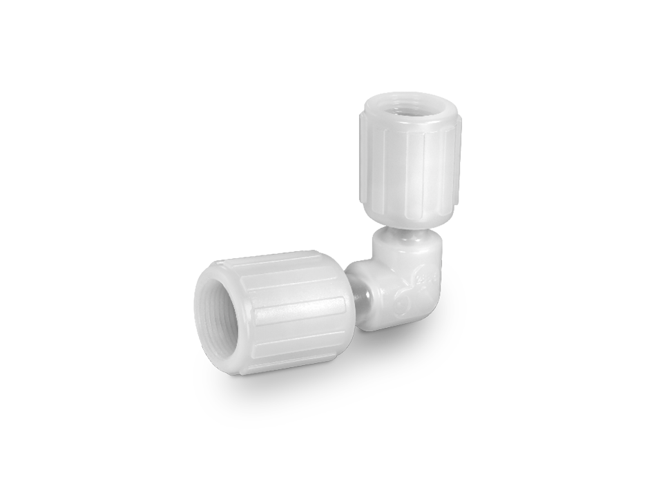 PFA angle connector with two union fittings for chemical-resistant pipe systems.