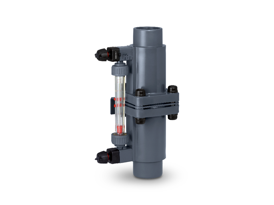 Flow meter with transparent float measuring tube and scale for flow control of liquids in plastic pipe systems.