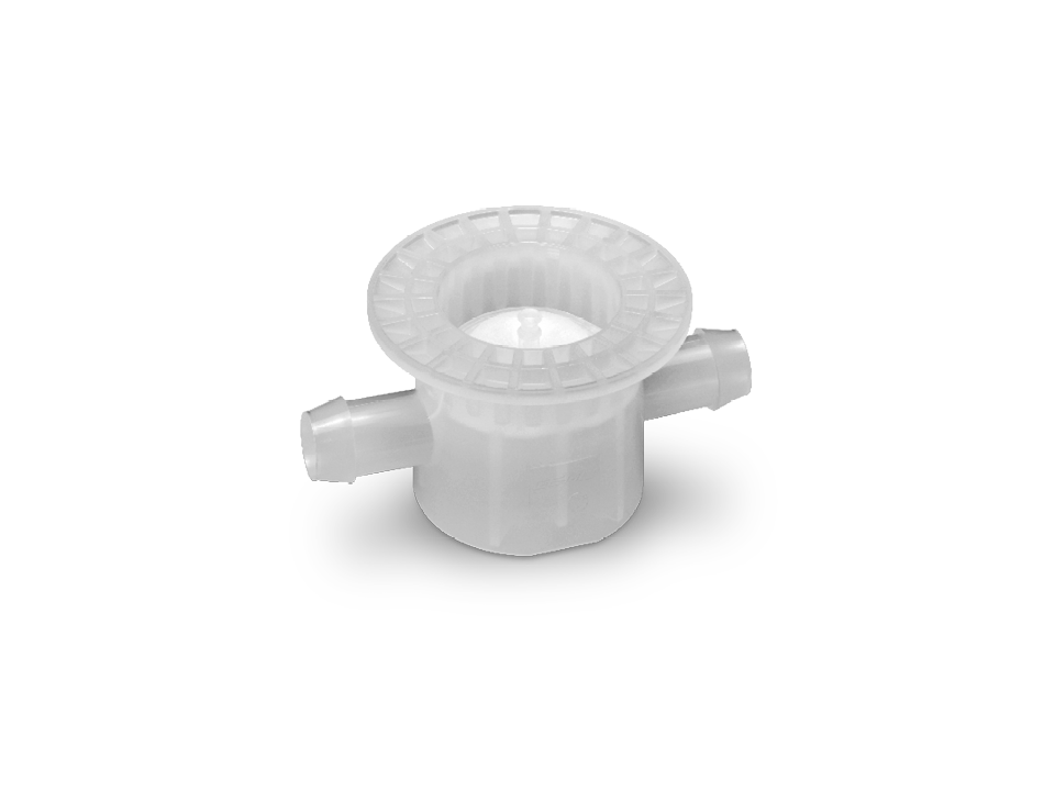 Transparent GEMÜ single-use valve body with tube connections – ideal for sterile processes in the pharmaceutical and biotech industries, prepared for integration of a suitable actuator.