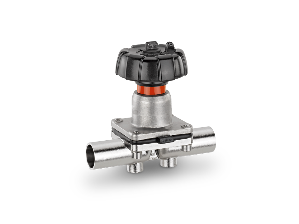 Manually operated stainless steel diaphragm valve with welded ends and black handwheel – ideal for the pharmaceutical, biotechnology, and food industries.