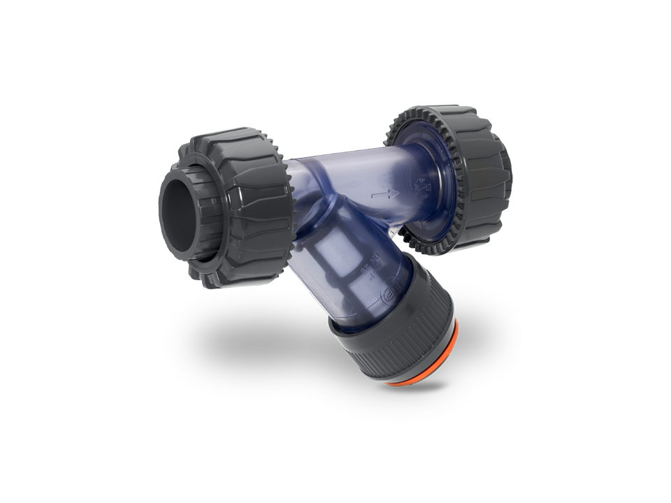 Y-shaped dirt trap made of transparent plastic with cap nuts for filtering solid particles in industrial applications.