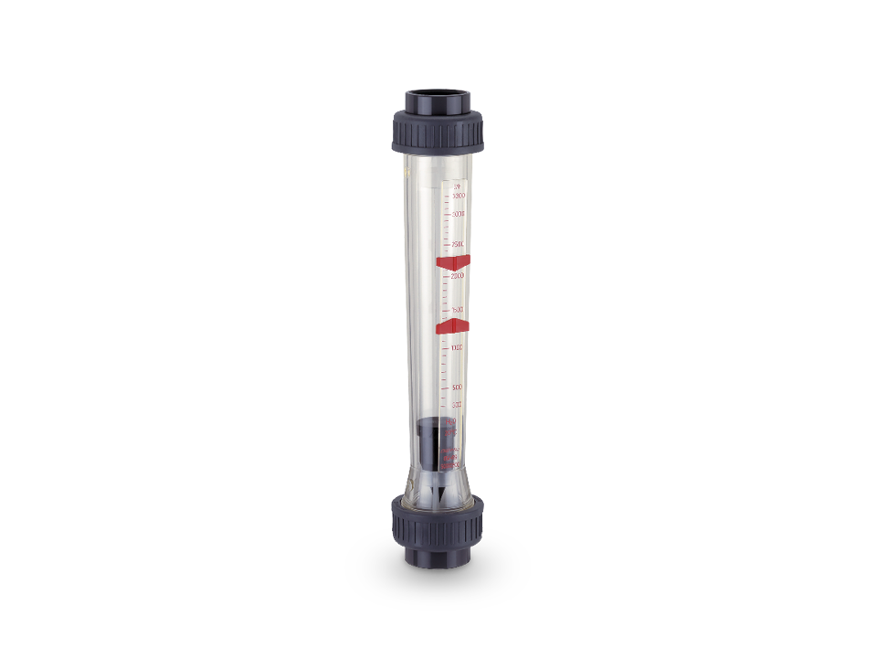 Transparent flow meter with scale and red float for precise measurement of the volume flow in industrial piping systems. Ideal for use with liquids and chemicals.