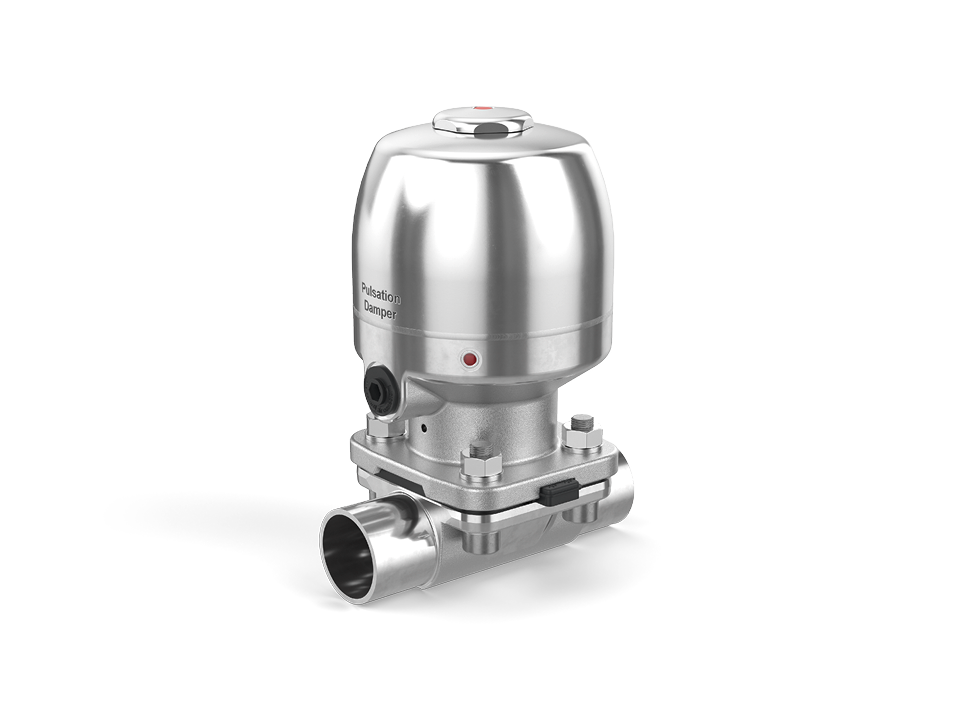 Amortisseur de pulsations en acier inoxydable avec boîtier poli pour réduire les fluctuations de pression dans les systèmes de tuyauterie industriels.