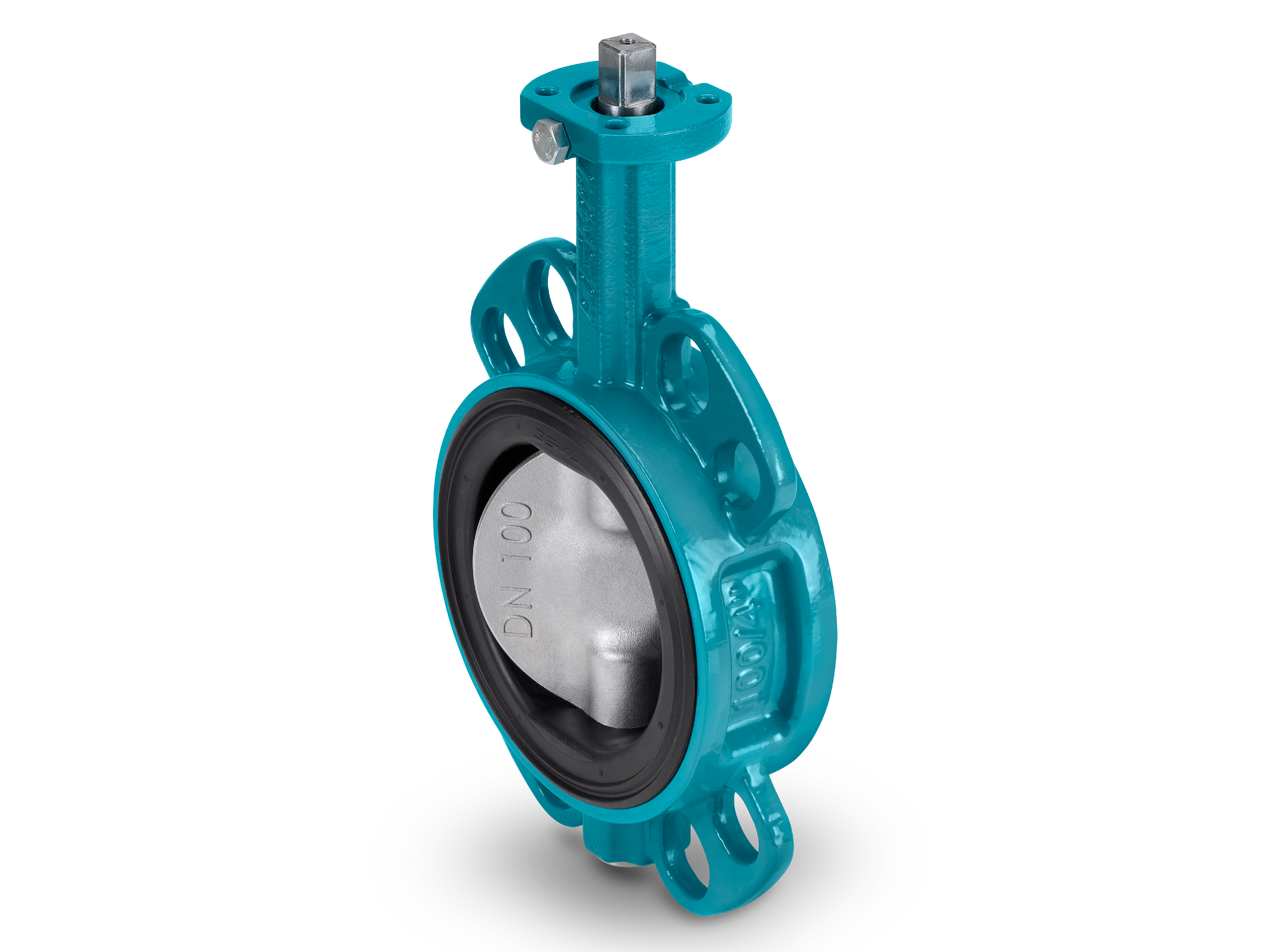 Blue painted shut-off flap type R480 with silver disc and DN 100 embossing.