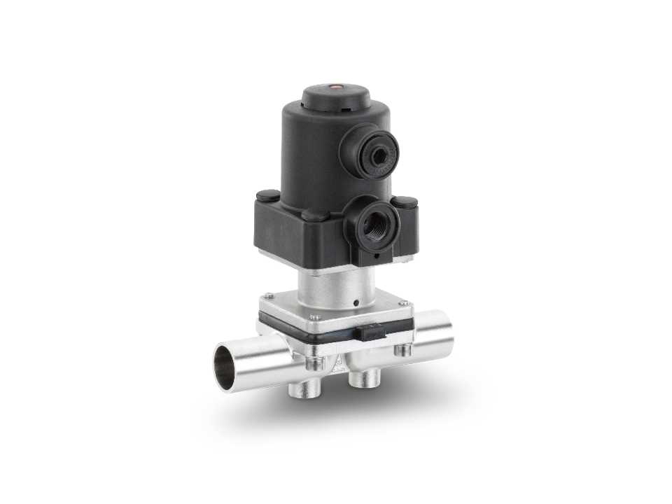 Pneumatically operated T-diaphragm valve made of stainless steel with welded ends – ideal for the pharmaceutical, biotechnology, and food industries.