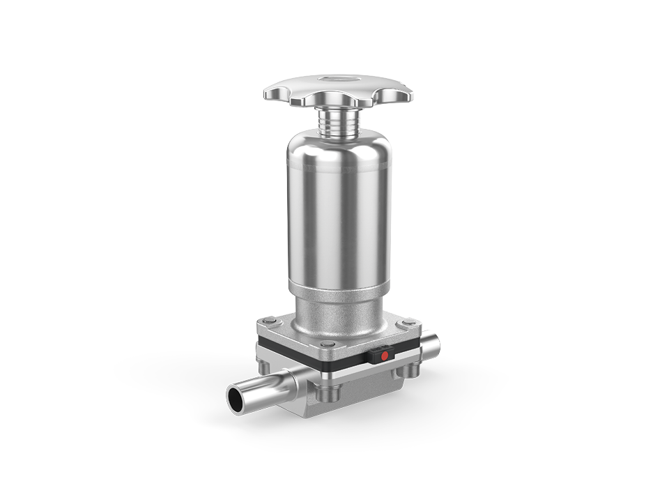 Manual diaphragm valve made of stainless steel with sterile pipe connection – ideal for pharmaceutical, food, and biotechnology applications.