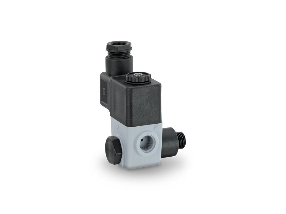 Pilot valve with black actuator, white valve body, and multiple threaded connections for precise control of pneumatic systems in industrial applications.