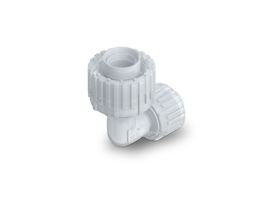 Compact Nexus Connect SpaceSaver fitting made of PFA for tight installation spaces in high-purity installations.