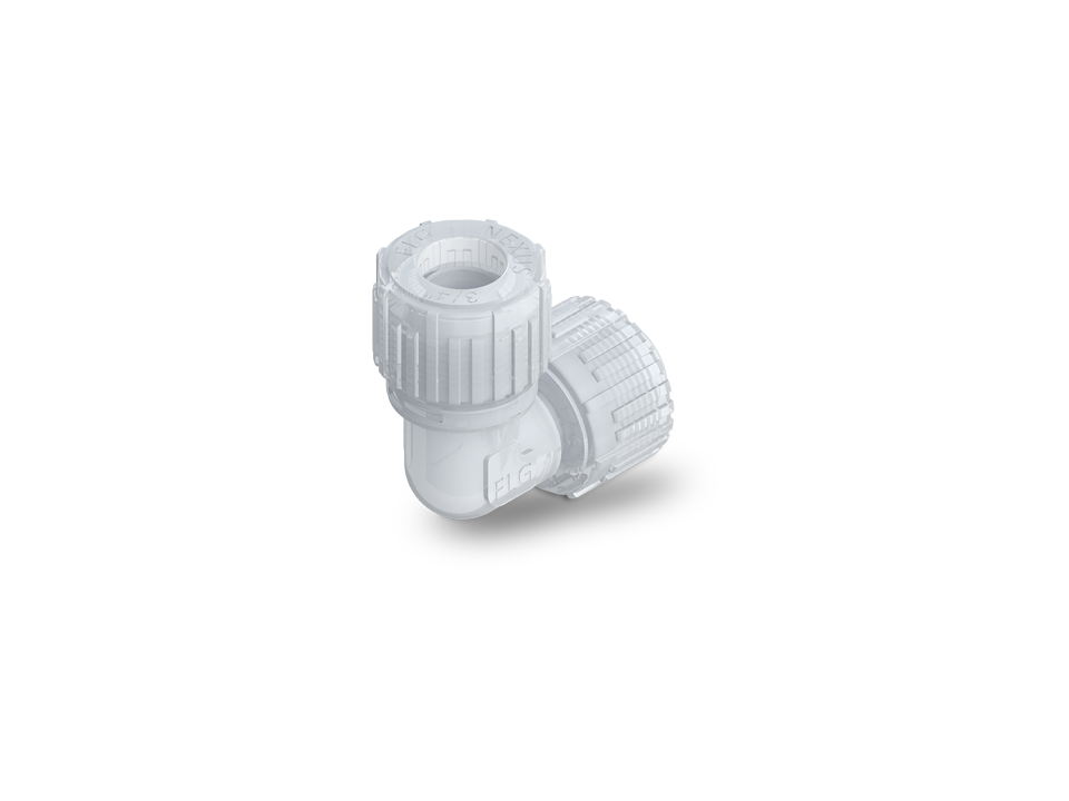 90-degree angle connector made of PFA with Nexus Connect SpaceSaver connection for high-purity and leak-free pipe connections in compact installation spaces.,90-degree angle connector made of PFA with Nexus Connect SpaceSaver connection for high-purity an