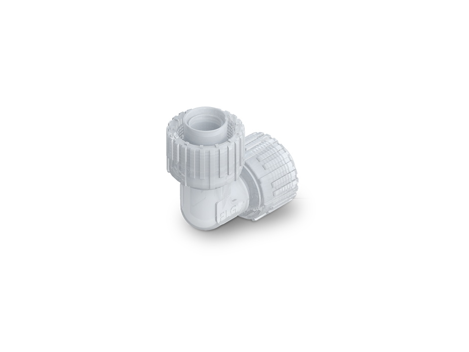 Angle connector with Nexus Connect Space Saver made of PFA for space-saving and leak-tight pipe connections.